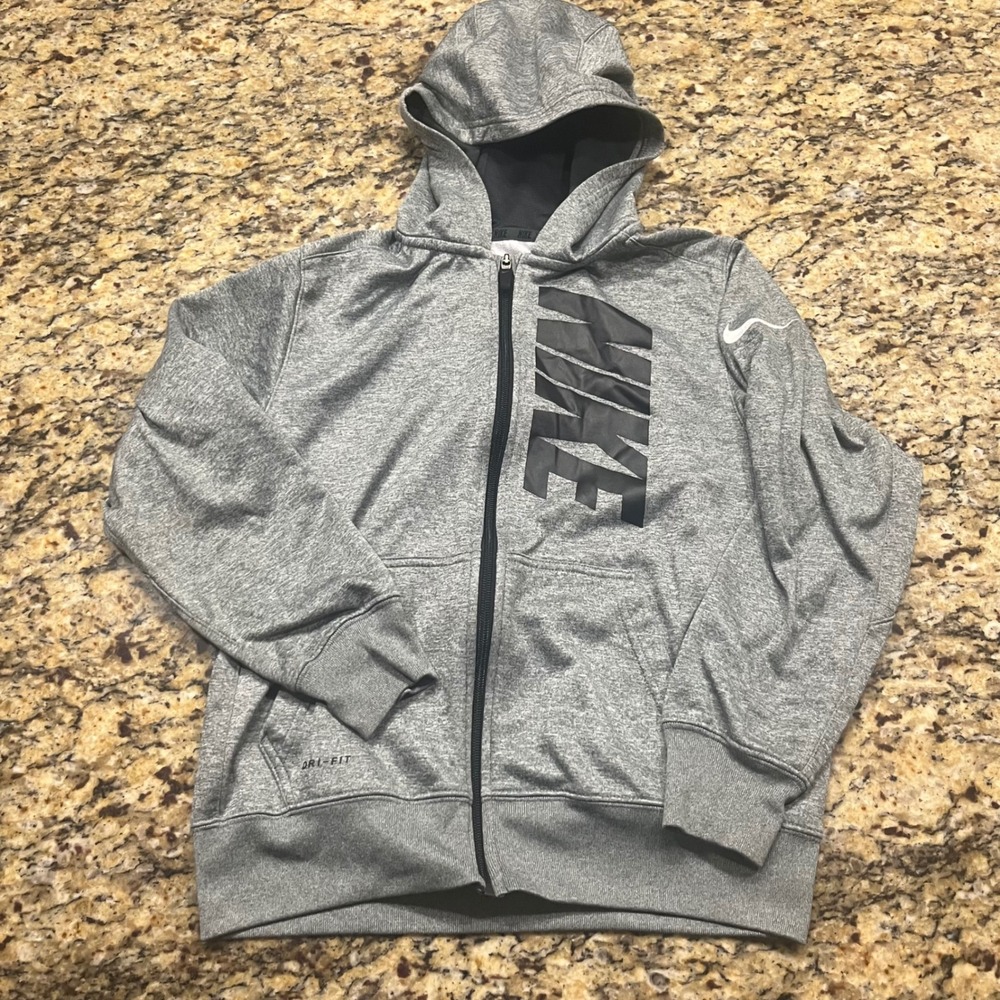Nike Dri-FIT‎ Boys Full Zip Hoodie Gray Heathered Graphic Sweatshirt Size Large